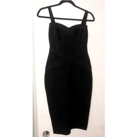 TOXIC ENVY BOUTIQUE-- WOMENS BLACK THICK STRETCHY MIDI BANDAGE DRESS SIZE LARGE - Picture 3 of 7
